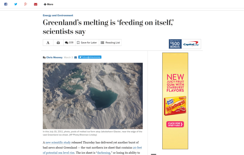 "Greenland’s melting is ‘feeding on itself,’ scientists say" (Washington Post)